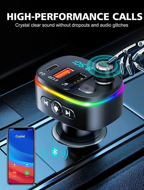 Bluetooth 5.3 Biladapter, QC3.0 & PD 18W USB C Billader, 9 RGB Bakgrunnsbelyste Bluetooth-mottakere for Bil