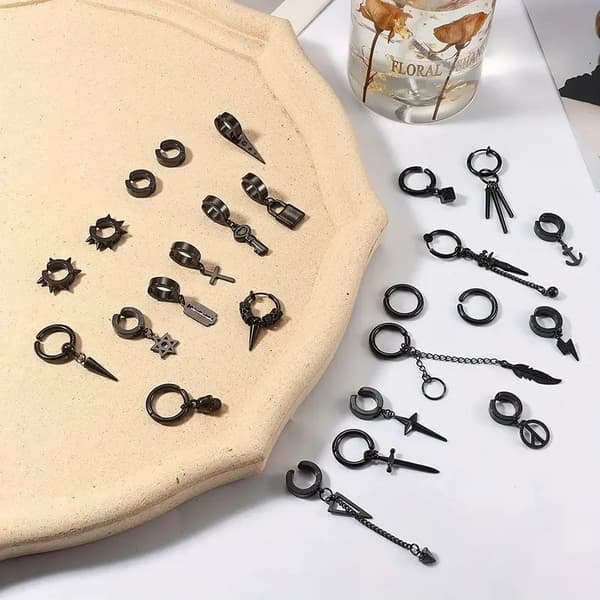 25 stk. Clip-on øreringe til mænd Rustfrit stål Kors Kæde Dingle øreringe Sort Huggie Hoop