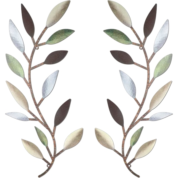 2 stycken metallträd-blad väggdekor vinstock olivgren blad väggkonst smidesjärn rulle ovanför vardagsrumsdekoration (ljusgrå) Light gray