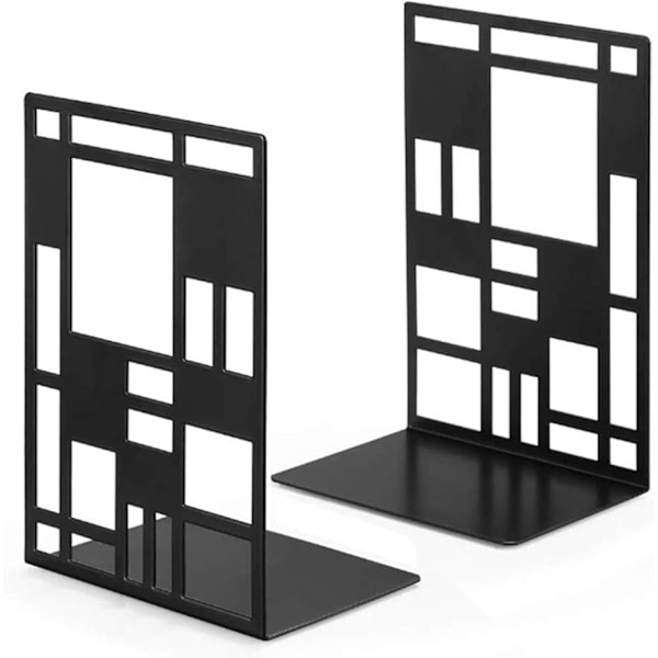Halkfri Bokstöd som Inte Roestar, Unik Abstrakt Rutnätsdesign Bokstoppare för Hem, Kontor, Bibliotek (Svart, 1 Par)