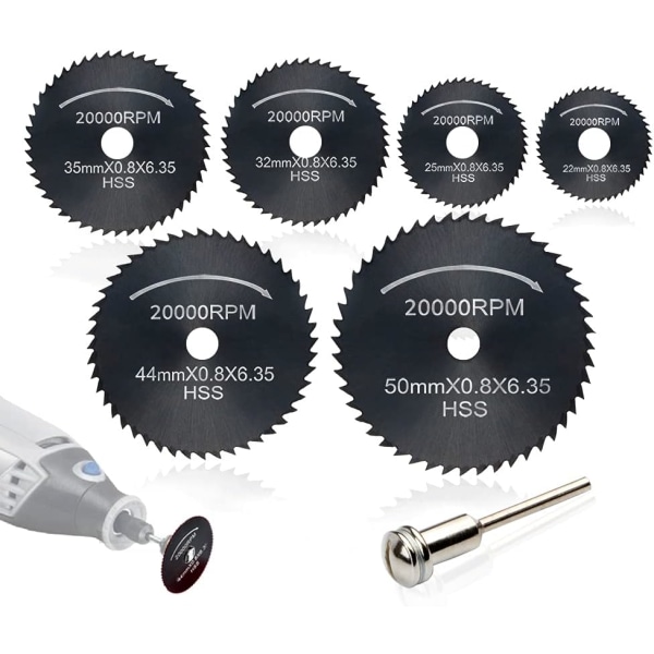 7 stk HSS roterende verktøysagblad, sirkelsagbladskiver, (trekappeskive) for roterende verktøychuck med forlengelsesskaft 1/8" (3,175 mm)