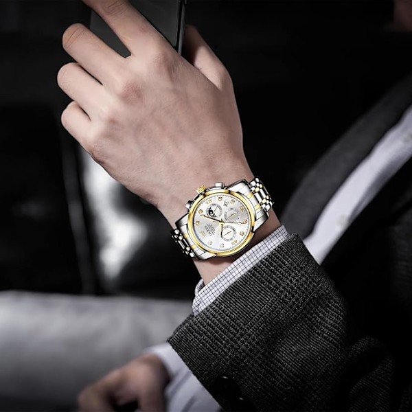 OLEVS Herrklocka Chronograf, Vattentät Multifunktionell Urtavla med Datum Diamantklockor för Män White Dial/Gold Silver Band