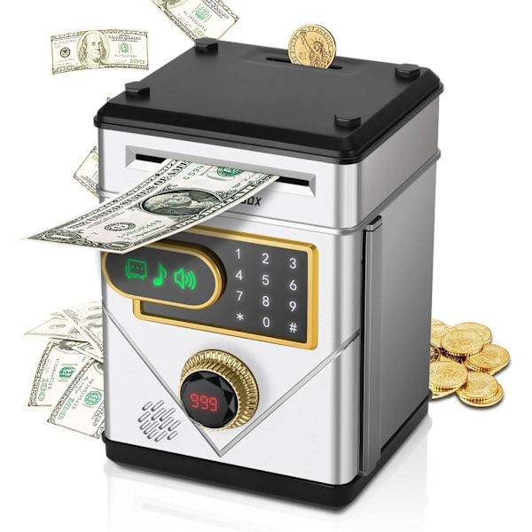 Lasten Säästöpossu, Elektroninen Rahapossu Säästölaatikko Pojille Tytöille, Kosketusnäyttö Salasanalla Kolikkopossu ATM Säästöpossu Lelut Silver
