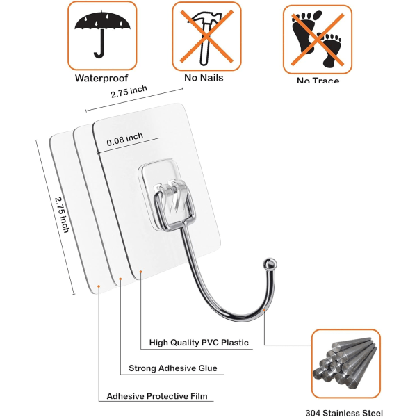 Suuret itseliimautuvat koukut, joihin voi ripustaa 22 paunaa, vahvat seinäkoukut, itseliimautuvat pyyheklipsit, vedenpitävät läpinäkyvät laukkukoukut (10 kpl)