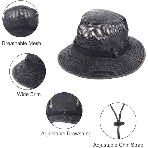 Solhat med UV-beskyttelse - Spandhat - Strandhat - Safari Boonie Hat - Foldsbar Fiskerihat med Åndbar Mesh og Justerbar Hakestropp Black