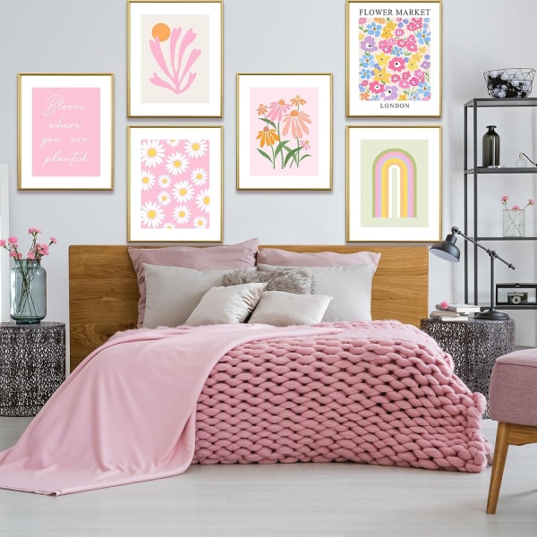 Pink Flower Market Wall Art Boho seinäsisustus, söpö huoneen sisustus teinitytöille, Kasvitieteellinen kasvi Daisy -kuvia makuuhuoneen sisustukseen