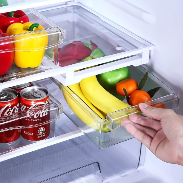 2 STK Køleskabsskuffe, Køleskabsopbevaringsbokse med skydeskuffe, Frugt- og grøntsagsopbevaringsbeholder, Udtrækkelig køleskabsopbevaring.