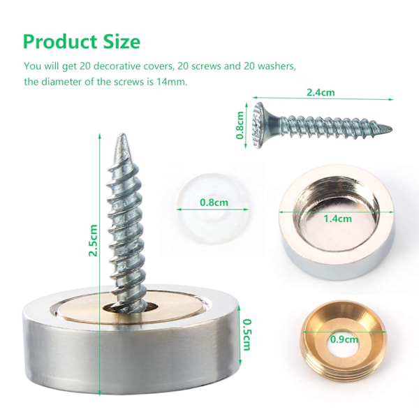 20 st borstade rostfria stålskruvar med dekorativa lock för speglar, bord, plattor, skåp, glaspaneler silver 14 mm