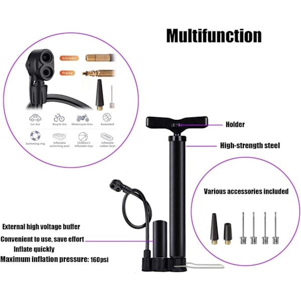 Cykelpumpe, Boldpumpe, 160 PSI Højtryksmåler, Presta og Schrader Ventil til Cykelfælge Basketbolde Fodbolde