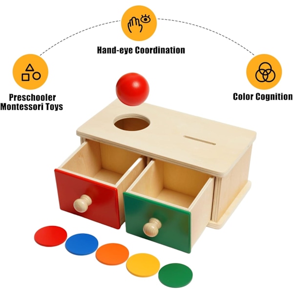 2 in 1 Montessori Puinen Lajittelulaatikko Kolikolla ja Pallolla, 2 Laatikkoa - Puinen Kolikkolaatikko 5 Kolikolla ja Pysyvyyslaatikko 1 Pallolla