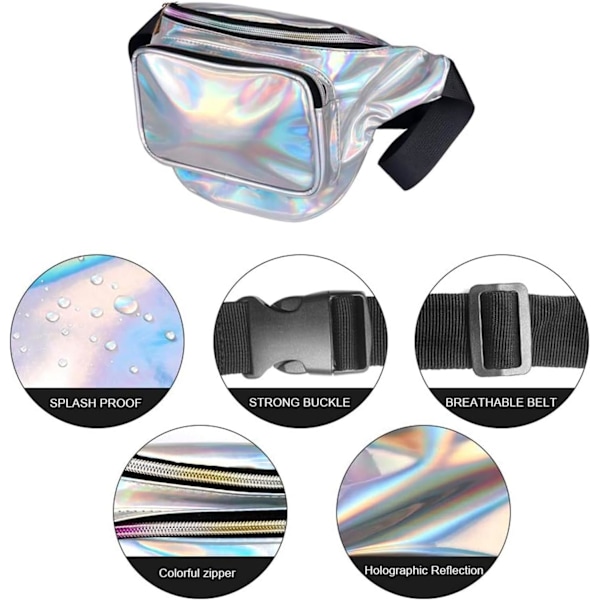 Holografinen Vyötärölaukku, PU Vedenkestävä Kiiltävä Vyötärölaukku, Säädettävällä Vyöllä Matkustukseen, Juhliin, Juoksuun silver