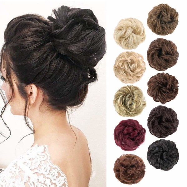 1 st Messy Hair Bun Hair Scrunchies Extension Curly Wavy Messy Syntetisk Chignon för kvinnor Updo Hairpiece Darkest Brown Tend to Black