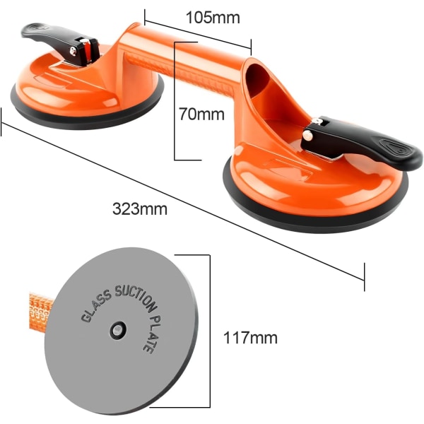 Set med 2 aluminium sugkopp fönsterregulatorer - 100kg - 118 mm - Med dubbla sugkoppar - Orange