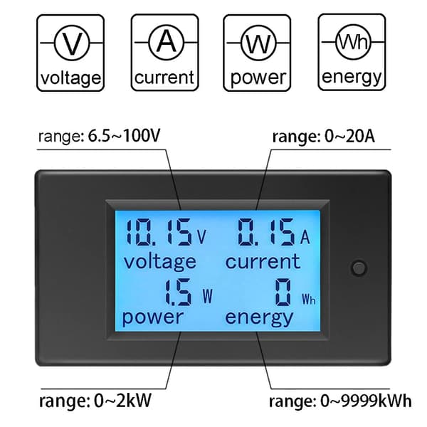 Voltmeter Amperemeter DC 6.5-100V 20A, Spänningsmätare Wattmeter Testare Spänning Ström Effekt Energi Digital LCD Energimätare