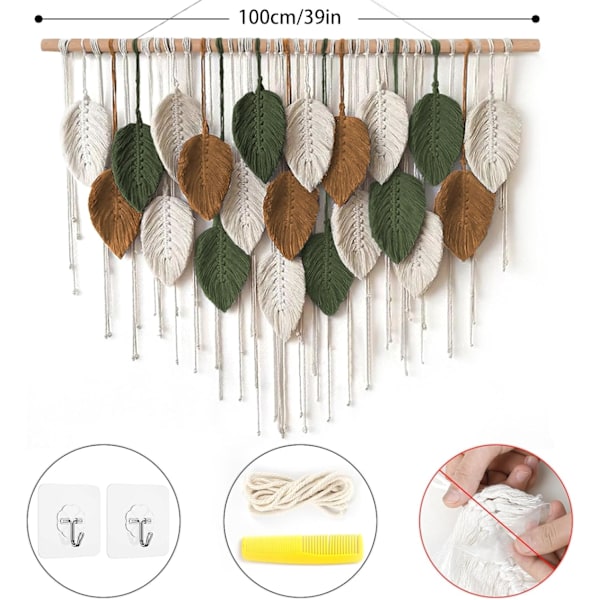 Makrame-seinävaate, suuri seinävaate, kudottu seinävaate, boho-makrame-lehtiseinäkoriste, höyhenet, tyylikäs kudottu taide White-brown-military green
