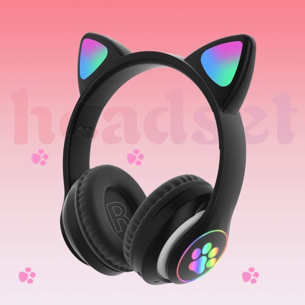 Söta Cat Ear-hörlurar, LED-lampor Trådlöst Bluetooth 5.0 Headset för PC Tablet FM Radio Present Stereo Barn Vuxna hopfällbara spelhörlurar