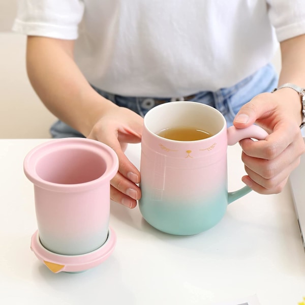 Keramisk Katt-Teinfuser Mugg med Lock, 460 ML / 16 Oz, Gradient Rosa till Grön, Katter och Te, Stor Japansk Keramisk Muggset
