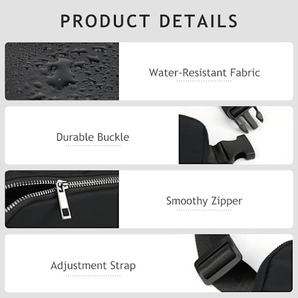 Crossbody Fanny Pack til kvinder og mænd, Everywhere bæltetaske med justerbar rem, til udendørs vandreture, løb, rejser og afslapning black
