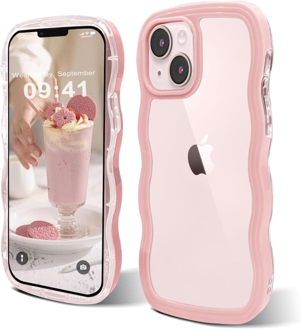 iPhone 14 Wave Frame-deksel, søtt krøllete kant hardt PC-telefondeksel, støtsikkert beskyttelsesdeksel for kvinner og jenter