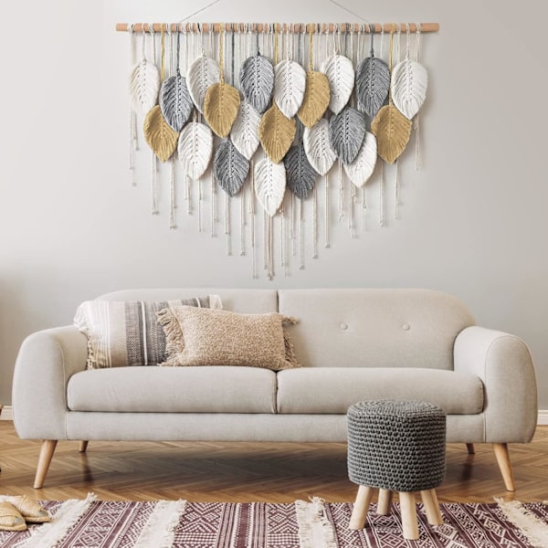 Macrame Väggbonad Stor Gobeläng Vävd Väggbonad Boho Macrame Blad Väggdekoration Fjäder Chic Vävd Konst White-khaki-gray