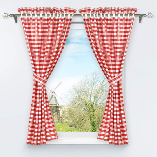 Set med 2 st ogenomskinliga perforerade gardiner med 2 upphängningsband Rutigt mönster Fönsterdekoration för sovrumsinredning Röd H/L 120/80cm