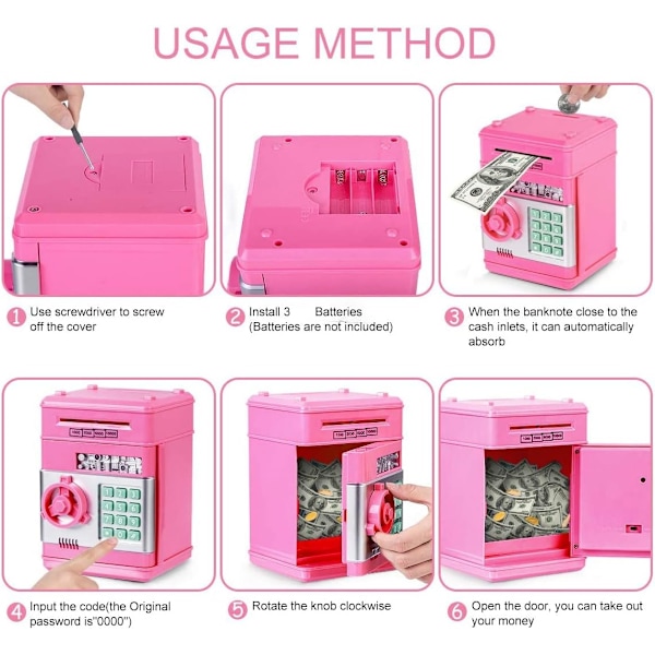 ATM Pengeboks for Barn 3-12 år, Elektronisk Pengeboks Trygg Spargris for Jenter Gutter, Passord Pengeboks Sparing Pengeboks Pink