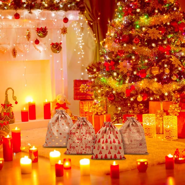4 stycken julklappspåsar med dragsko, 30x40cm linne julklappsförpackningspåsar återanvändbara julgodispåsar