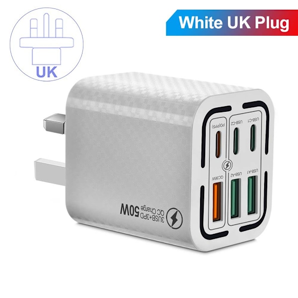 50W USB C Plugg Hurtiglading 6-Port Multi USB Lader Plugg Hurtigladeplugg