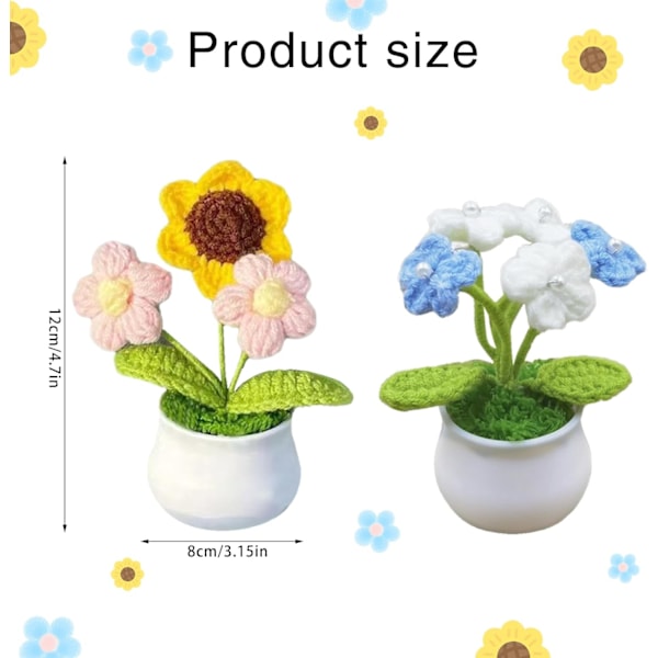 2 Pak Hæklede Potteplanter Strikkede Hæklede Blomster Små Strikkede Blomster i Potte med Plastik Blomsterpotte Hæklet Blomst style 2