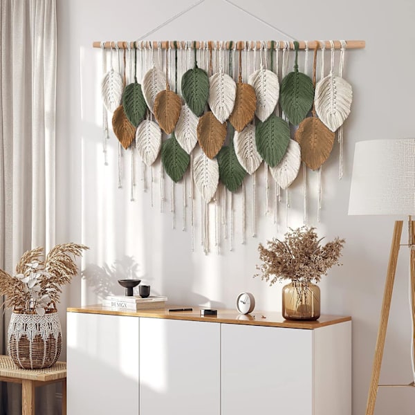 Macrame Väggbonad Stor Gobeläng Vävd Väggbonad Boho Macrame Blad Väggdekoration Fjäder Chic Vävd Konst White-brown-military green