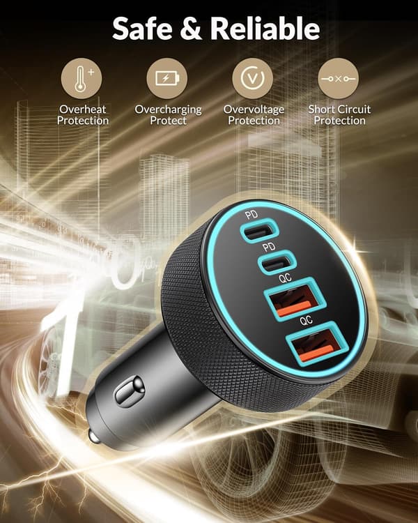 90W USB-C billader, 4-ports PD/QC hurtigladeadapter med doble 45W USB-C-porter og USB-A for 12V-uttak
