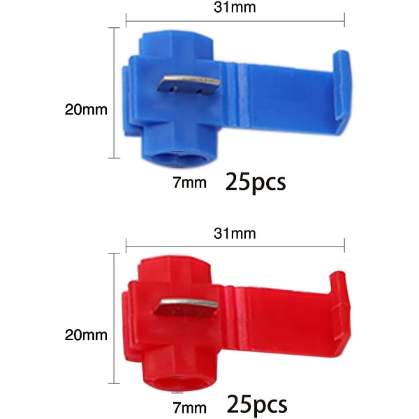 50 stk. Elektriske Terminal Hurtigkoblinger, Hurtig Selv-Stripping Breakout Connector, Låsende Koblinger (25 stk. Rød, 25 stk. Blå)