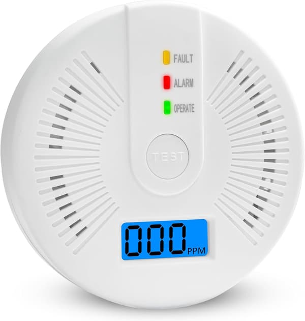 Kolmonoxiddetektor, kolmonoxidlarm för hemmet med LED-display - inga AA-batterier krävs.
