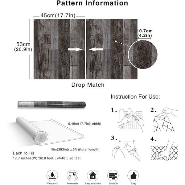 Skrell og lim treplank tapet Shiplap 17,7 tommer x 32,8 fot Vinyl selvklebende dekorative Grey