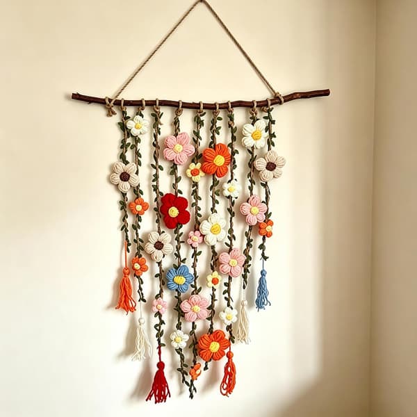 Boho Virkad Blomväggdekoration | Blommig Makramé Väggbonad i Bomull | Boho Lantlig Inredning med Kaskadblommor