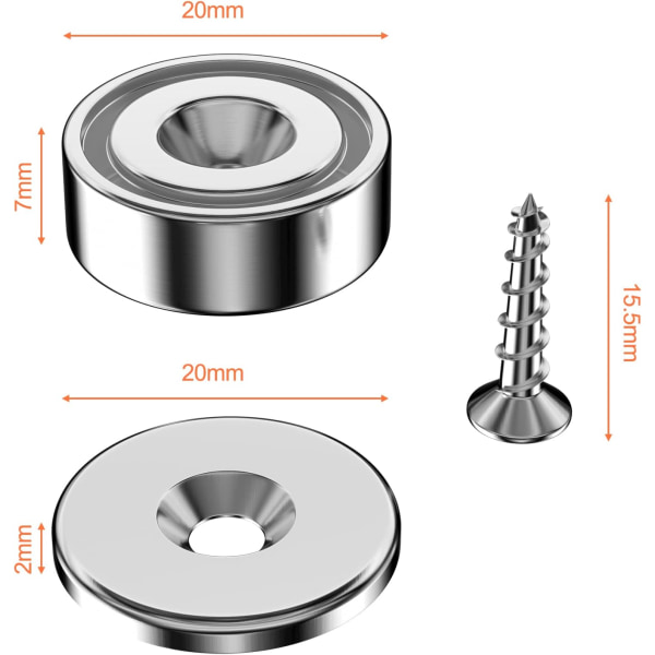 12 stycken neodymiummagneter 10 kg styrka 20 x 7 mm med hål och kapsel, försänkt potmagnet med skruvar och 12 stålkuddar (Blank Silver)