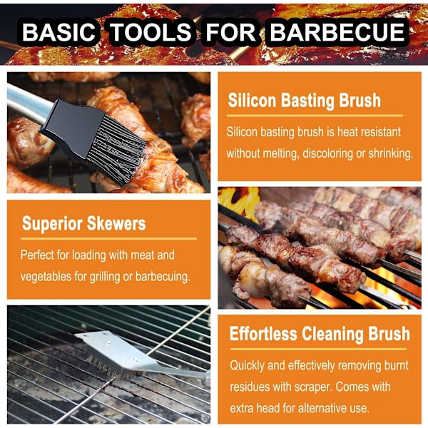Kraftig grillverktøysett for grill, ekstra tykk rustfritt stålspatel, gaffel og tang. Komplett grilltilbehørsett i aluminiumsbeholder