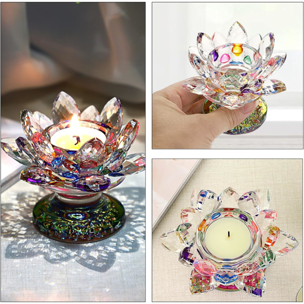 4,5" värikäs Crystal Lotus Flower -kynttilänjalka - sateenkaarenvärinen lasikynttilänjalka