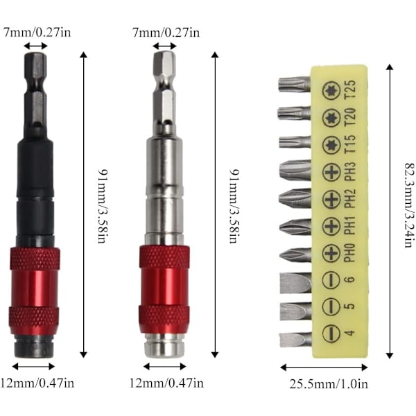12 stk. 20° Svingbart Bitsholder Magnetisk Hurtigudløsning Bitsholder 92mm 1/4\" Hex Svingbart Borbitsholdere med Skruetrækkerbits