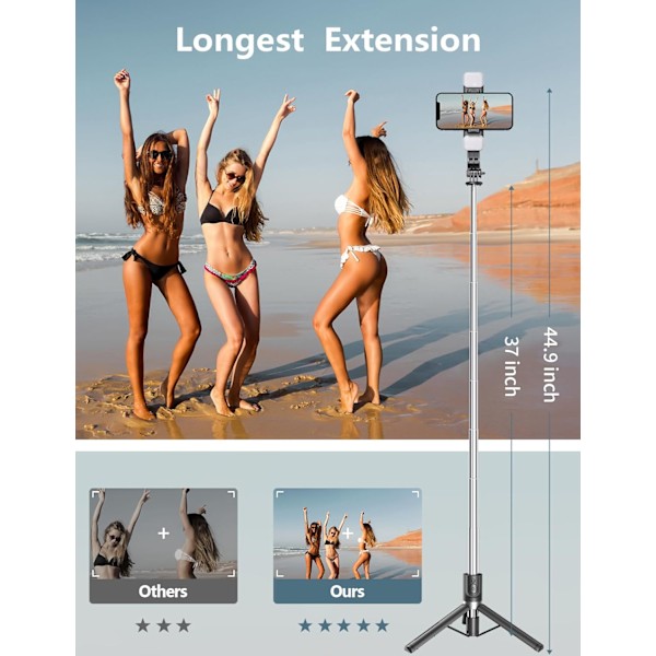 Selfie Stick Stativ med 2 Fylljus, 45'' Extra Lång Telefonstativ med Avtagbar Fjärrkontroll, Kompatibel med iPhone, Smartphones