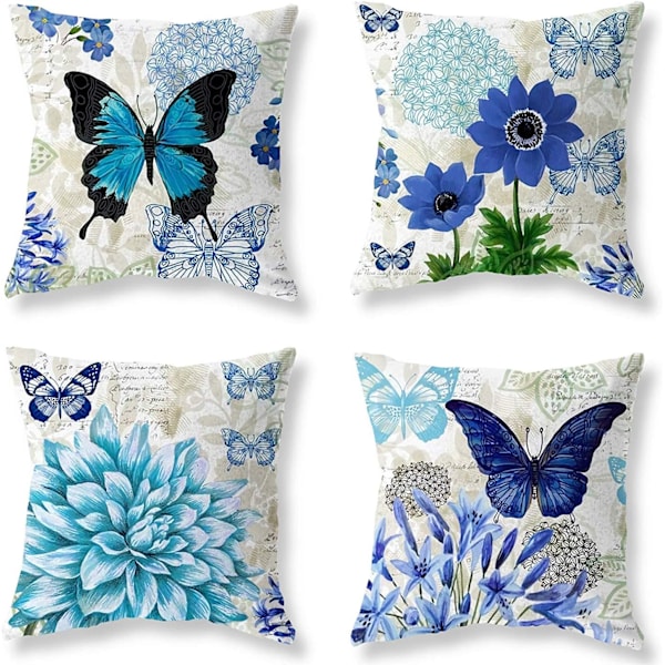 Prydnadskuddar Överdrag 45 x 45 cm Blå Blommig Fjäril Kuddfodral 45 x 45 cm Mjuk Polyester Fyrkantig Prydnadskudde Fodral Set med 4