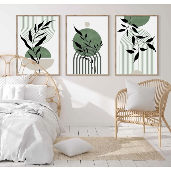 Mid Century Modern Väggkonst Set om 3 Salviagrön Canvas Väggkonst Boho Prints Grön Väggdekor, för Vardagsrum Sovrum