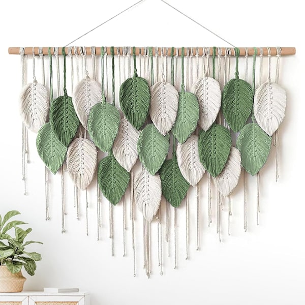 Macrame Väggbonad Stor Gobeläng Vävd Väggbonad Boho Macrame Blad Väggdekoration Fjäder Chic Vävd Konst White-light green-dark green