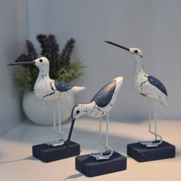 3 stk. Sjøfuglfigur i tre, nautisk kystfuglpynt, middelhavs treskjærerstatue leketøy skrivebordsdekor for DIY-håndverk