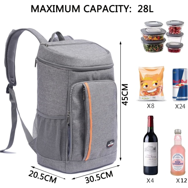 28L Kjøle Ryggsekk, Kjøle Ryggsekk Termisk Bag Matbærer Stor Myk Ryggsekk for Strand/Piknik/BBQ/Camping/Fest grey