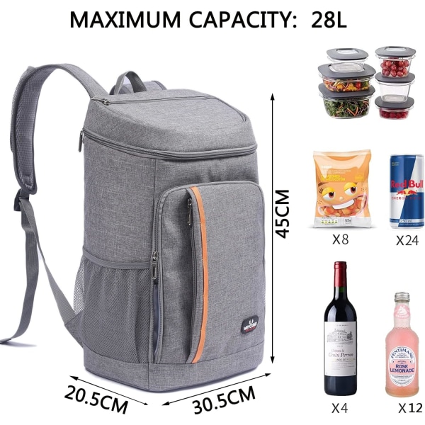 28L kylryggsäck, kylare ryggsäck Thermal väska Matbärare Stor mjuk ryggsäck för strand/picknick/BBQ/camping/fest grey