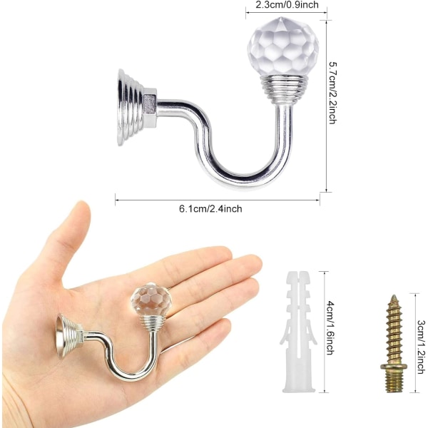4-delad kristallgardinupphängningskrok väggmonterad gardinupphängningstofs gardinkrok hållare hängare (silver)