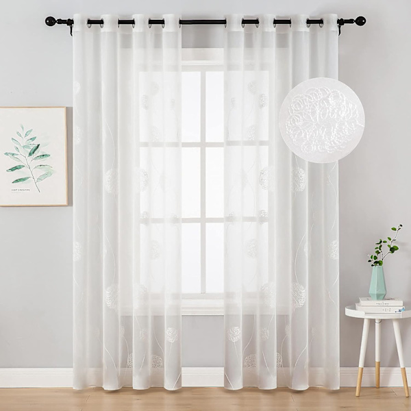 Gardiner Gennemsigtig Voile Blomsterbroderi Øjet Gardiner Transparent Gardin 2 Stk Øjet Gardin Gardinpar Vinduesgardin Til Stue Soveværelse White 140*176cm