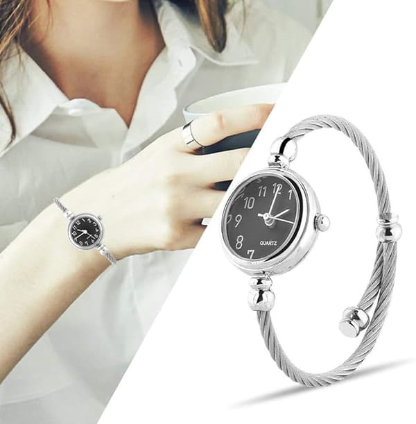 Dame quartz ur, åbent armbånd med rund analog legeringsrem