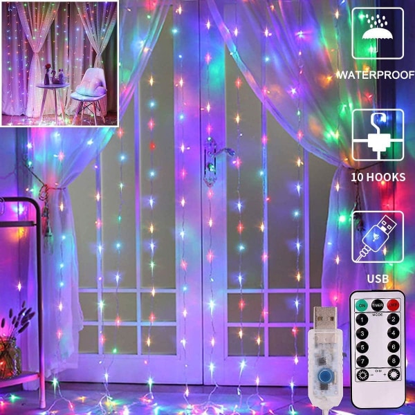 LED-verhovalot, ikkunan verhon keijun tuikkuvalot 3mx3m 300 lediä USB-käyttöinen 8 tilaa Jääpuikko LED-valosarja kaukosäätimellä ja ajastimella Multi-colored